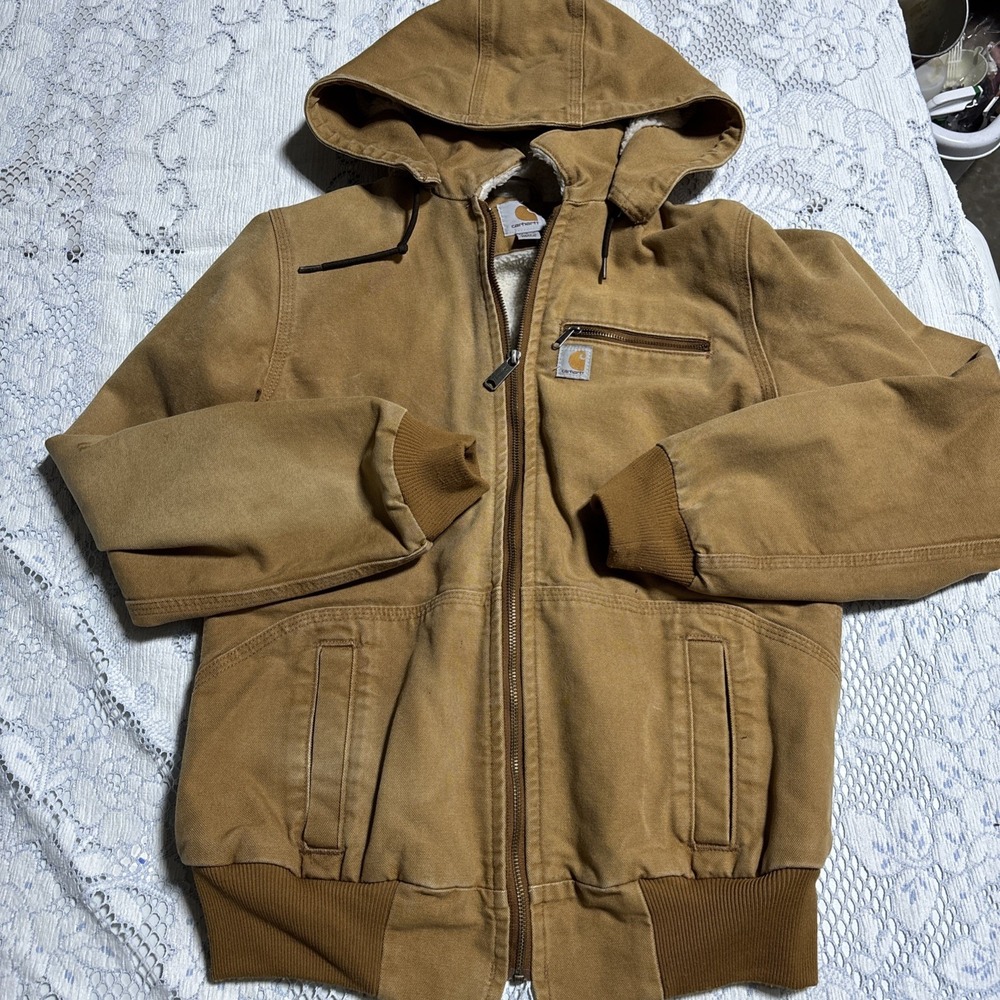 Carhartt Weathered Wildwood Jacket Tan Women's Size Medium Sherpa Lined Hooded